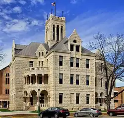 Comal County's 3+1⁄2-story Romanesque Revival courthouse, from 1898 and recently restored, faces the square in New Braunfels, between San Antonio and Austin.