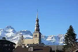 The church with the Aravis in the background