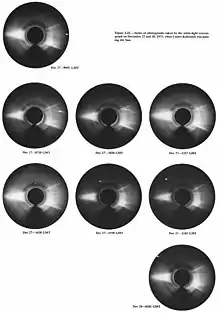 A collage of eight images of the comet as it passed by the sun. The sun is blocked out by the imaging instrument.