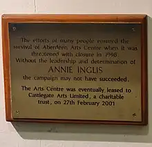 A plaque recognising the role of Annie Inglis in saving Aberdeen Arts Centre from closure.