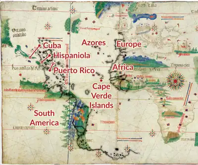 An outline of the Piri Reis map over a color scan of the Cantino planisphere shows strong similarities in cartography.