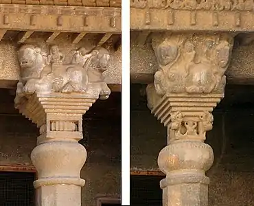 Comparison of the pillar capitals of Nahapana's Cave 10 (left) and Gautamiputra's Cave 3 (right). The capitals of Cave No.3 are "much poorer in proportion", with a "shorter and less elegant form of the bell-shaped portion, and the corners of the frame that encloses the torus having small figures attached", pointing to a later period imitation.