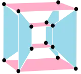 4{4}2,  or  with 16 vertices, 8 4-edges in 2 sets of colors and filled square 4-edges