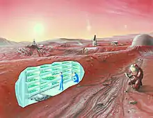 An artist's conception of a  human Mars base, with a cutaway revealing an interior horticultural area