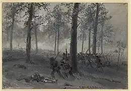 Black ink wash drawing of the Confederates in the foreground attacking Union soldiers.