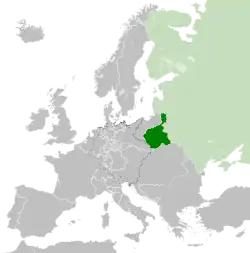 Map of Congress Poland, circa 1815, following the Congress of Vienna. The Russian Empire is shown in light green.
