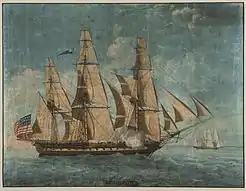 Painting of the frigate USS Constitution with three masts