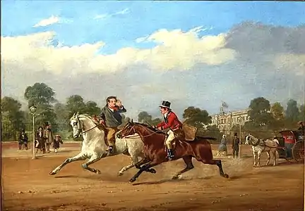 “Contempt for the Post Boy” (1851), private collection in South Carolina. The rider on the gray mare is thought to be de Prades himself in artist's smock and kerchief