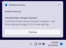 A Screenshot of a Notification showing Microsoft Defender has blocked access to a protected folder.
