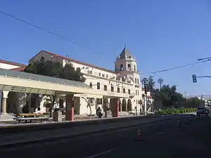 A view of Convention Center station with the San Jose Civic auditorium in the background