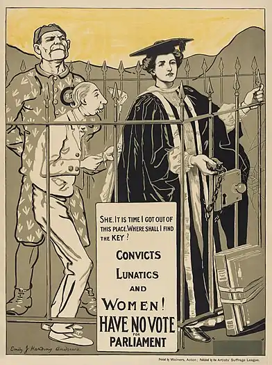 "Convicts Lunatics and Women! Have No Vote for Parliament" - Pro-suffrage poster by Harding, c. 1907-18