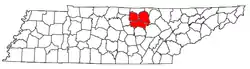 Location of the Cookeville Micropolitan Statistical Area in Tennessee