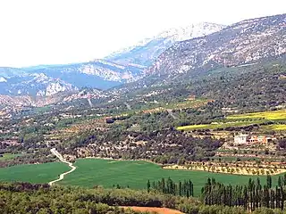 View of Corçà, Àger municipality, with the Montsec d'Estall in the background.
