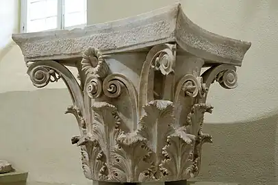 Ancient Greek Corinthian capital from the tholos at Epidaurus, Archaeological Museum of Epidaurus, Greece, said to have been designed by Polyclitus the Younger, c.350 BC