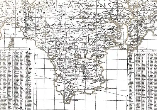 A portion of Gascoyne's map showing the Lizard (bottom), Truro (top right) and Mounts Bay (left)