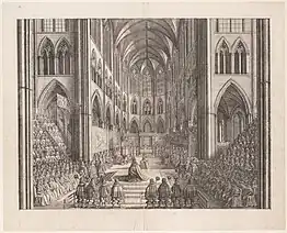 A black and white engraving of Charles II seated on a raised platform in the middle of the abbey, with a huge crowd of people in attendance.
