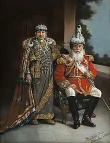 Painting of a seated Bhim Shamsher and his wife, in ceremonial dress