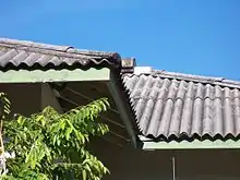Corrugated roof tiles ruled by parallel lines in one direction, and sinusoidal in the perpendicular direction