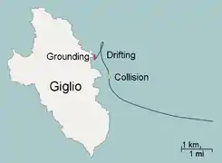 Deviation (from 21:30 UTC+1) leading to disaster (21:45 UTC+1) and grounding (23:00 UTC+1)