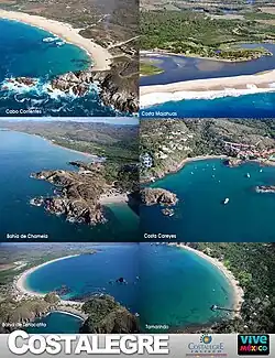 From top, left to right: Cabo Corrientes; Costa Majahuas; Bahía de Chamela; Costa Careyes; Bahía de Tenacatita and Tamarindo Beach