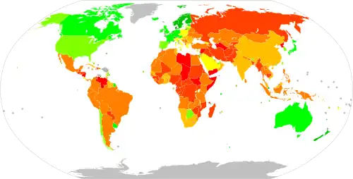 Image 18A map depicting Corruption Perceptions Index in the world in 2022; a higher score indicates lower levels of perceived corruption.  100 – 90  89 – 80  79 – 70  69 – 60  59 – 50  49 – 40  39 – 30  29 – 20  19 – 10  9 – 0  No data (from Political corruption)
