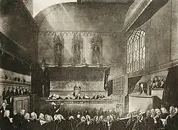 Drawing of a large, crowded courtroom