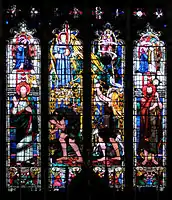 East window, S.John, Coventry, Warwickshire, a late large commission: lower half - "As in Adam all die"