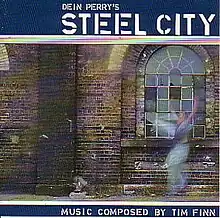 Exterior shot of a brick building with a large window at the right. In front of the window is a ghost-like image of a person with arms raised. The album's full title is written across the top. Across the bottom is the phrase, "Music composed by Tim Finn"
