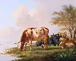 Cows and sheep at the river bank (1832)
