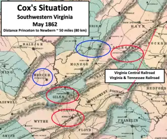 map showing two Union forces with Confederate forces nearby and two railroads