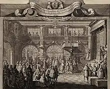 Engraving depicting an interior with an assembly of people dressed in the fashion of the century.