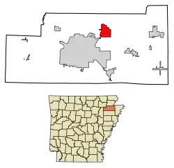 Location of Brookland in Craighead County, Arkansas.