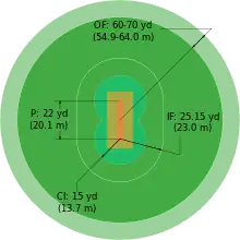 A diagram showing the size of a women's cricket field