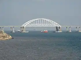 A ship passing under the Crimean Bridge