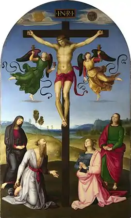 The Mond Crucifixion, 1502–03, very much in the style of Perugino (National Gallery)