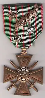 Croix de guerre 1914-1918 with one vermeil star (Citation at the orders of the armed forces).