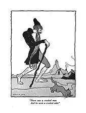 Pen and ink full length portrait of man with scoliosis walking with a cane wearing tall hat, dark coat and sandals, with cat and a home visible