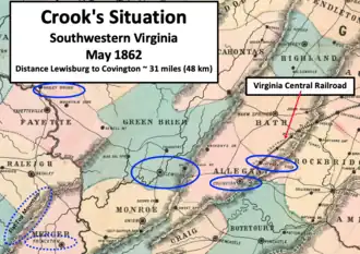 map showing places important to Crook such as Gauley Bridge, Lewisburg, Covington, and the Virginia Central Railroad
