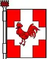 Banner of the Burgh of Markinch, Scotland: Gules, on a cross nowy quadrate argent a cock gules.