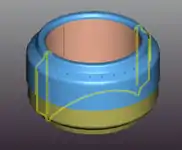 A 3-D view of a beverage-can stove with a cross-section in yellow.