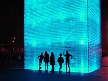 Tourists silhouette themselves against the fountain's lighting at night.