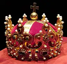 Crown of Bolesław I the Brave from Poland. Replica made between 2001 and 2003 after the original 1000-year-old crown was destroyed in the late 18th century.[clarification needed]