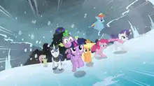 A group of multicolored ponies flee from an ominous dark cloud while surrounded by ice.