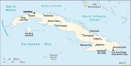 This is a white on blue map of Cuba as would be seen in a World Atlas.