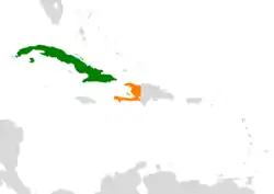 Map indicating locations of Cuba and Haiti