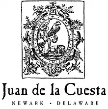 The title page image and cover device for Juan de la Cuesta Hispanic Monographs is based on the title page from the 1605 edition of "Don Quijote de la Mancha."