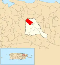Location of Cuevas within the municipality of Trujillo Alto shown in red