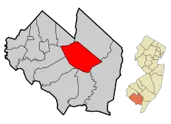Map of Millville highlighted within Cumberland County. Right: Location of Cumberland County in New Jersey.