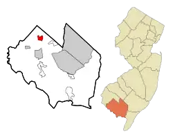 Map of Seabrook Farms highlighted within Cumberland County. Right: Location of Cumberland County in New Jersey.