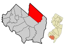 Location of Vineland in Cumberland County highlighted in red (right). Inset map: Location of Cumberland County in New Jersey highlighted in red (left).
